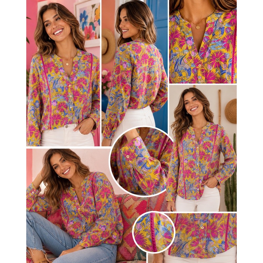 Anthropologie Yellow Floral Bird Print Button Down Blouse Pink Lace Trim Size M